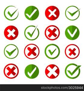 Crosses and ticks signs. Crosses and ticks signs. Green tick and red cross, ok and crossing checkmark vector icons in flat style