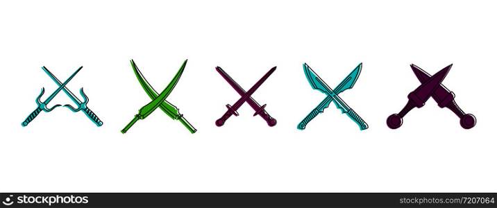 Crosses sword icon set. Color outline set of crosses sword vector icons for web design isolated on white background. Crosses sword icon set, color outline style
