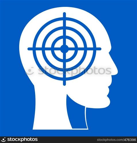 Crosshair in human head icon white isolated on blue background vector illustration. Crosshair in human head icon white