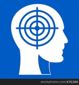 Crosshair in human head icon white isolated on blue background vector illustration. Crosshair in human head icon white