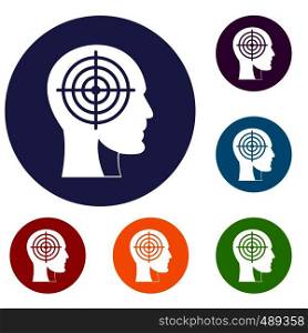 Crosshair in human head icons set in flat circle red, blue and green color for web. Crosshair in human head icons set