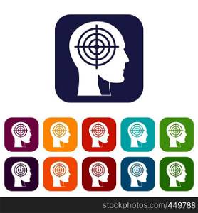Crosshair in human head icons set vector illustration in flat style In colors red, blue, green and other. Crosshair in human head icons set flat