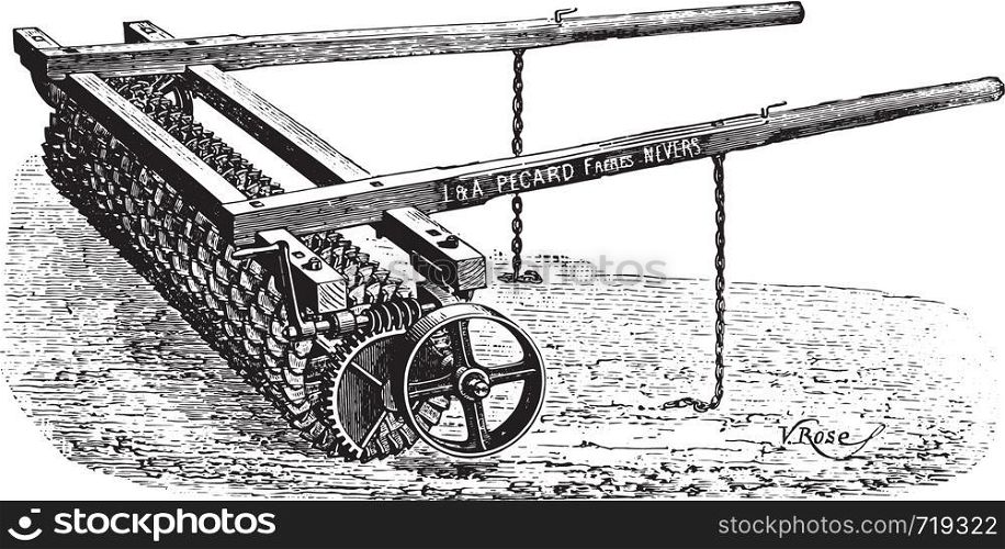 Crosskill roller has teeth hanging Pecard, vintage engraved illustration. Industrial encyclopedia E.-O. Lami - 1875.