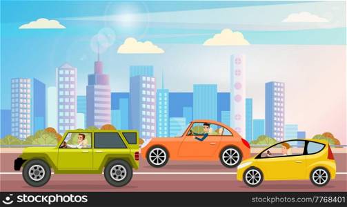 Crossover, cross country car, station wagon, car with tinted glasses vector illustration. Transport drive on road with markings. Drivers in automobiles on background of cityscape with skyscrapers. Automobiles on background of background of cityscape. Transport drive on asphalt road with markings