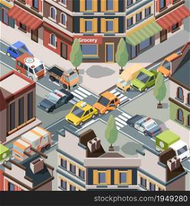 Crossroad accident. Injury trouble urban cars police crash transport on road bus traffic vector isometric. Road car accident intersection, crossroad traffic crash illustration. Crossroad accident. Injury trouble urban cars police crash transport on road bus traffic vector isometric