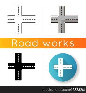 Crossroad icon. Intersection of roads. Crossing pavement ways. Junction of crosswalk. Urban infrastructure. Crossed motorway. Linear black and RGB color styles. Isolated vector illustrations
