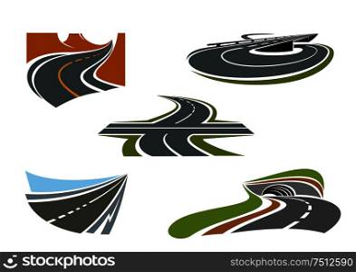 Crossroad, mountain road, highway tunnel, road bridge and modern speed freeway icons set, for transportation theme. Modern highways, roads and freeways icons