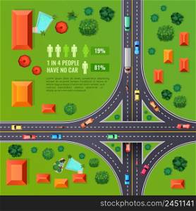 Crossroad with marking top view design with vehicles, buildings, trees, infographic elements on green background vector illustration. Crossroad Top View Illustration