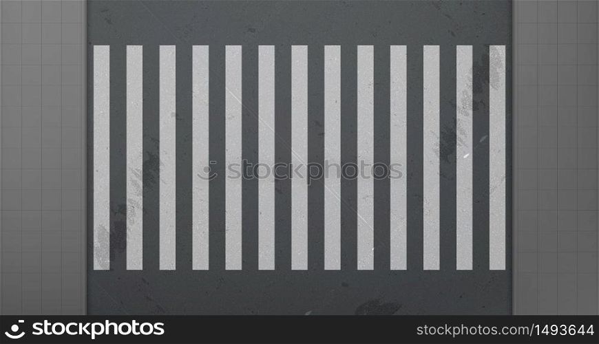 Crosswalk on car road top view. Vector realistic background with white zebra lines road marking on black asphalt and tiled sidewalk. City street with pedestrian crossing and pavement. Sidewalk and crosswalk on car road top view