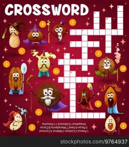 Crossword education quiz worksheet, cartoon nuts and beans wizards and sorcerers, vector puzzle. Crossword game grid with peanut, cashew and walnut wizards characters with magic wands. Crossword education quiz worksheet, cartoon nuts