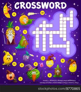 Crossword education quiz worksheet with cartoon fruits wizards and sorcerer, vector puzzle game grid. Kids crossword game riddle magician characters of pineapple, banana and watermelon with magic wand. Crossword quiz worksheet, cartoon fruits wizards