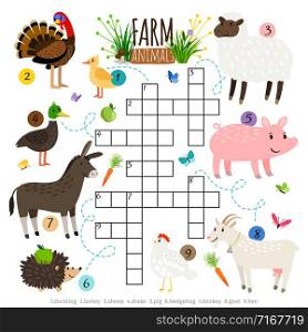 Crossword for kids with farm animals, vector illustration. Ffarm animals crossword for kids