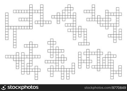 Crossword game grid, puzzle template, vector oxes layout. Crossword game grid background for word guess quiz with empty square boxes, logic brain teaser play. Crossword game grid, cross word puzzle template