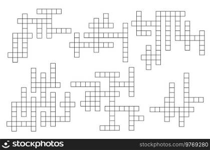 Crossword game grid, vector cross word puzzle layout, intellectual worksheet templates with empty boxes. Word guess quiz with blank square cells. Rebus, brainteaser, riddle for recreational leisure. Crossword game grid, vector cross word puzzle