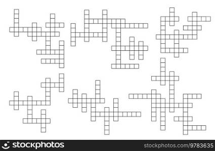 Crossword game grid vector puzzle template. Cross word layout for newspaper. Mind quiz with empty black squares, abstract brainteaser pattern with blank boxes. Riddle worksheet and boardgame quiz. Crossword game grid vector puzzle template, riddle