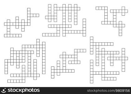 Crossword game grids. Vocabulary quiz or text game vector set. Word search riddle and letters search intellectual playing activity, crossword blank cross grid templates set. Crossword game quiz grids set