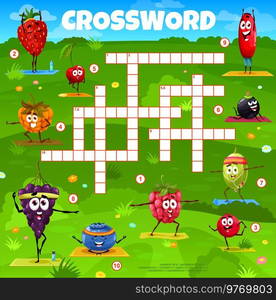 Crossword grid. Cartoon berry characters on yoga fitness. Word quiz game, kids vocabulary puzzle or playing activity vector worksheet with strawberry, cherry and raspberry, grape, blueberry, cowberry. Crossword grid with cute berry characters on yoga