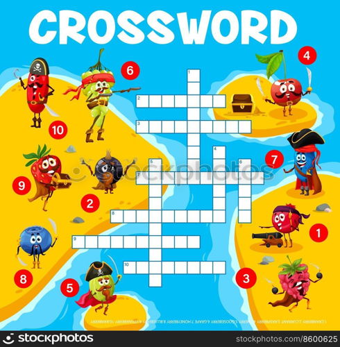 Crossword grid. Cartoon berry pirates and corsairs on island. Word quiz vector game worksheet of crossword with rosehip, grape and currant, blueberry, honeyberry and raspberry, strawberry, cherry. Crossword grid game with berry pirates on island