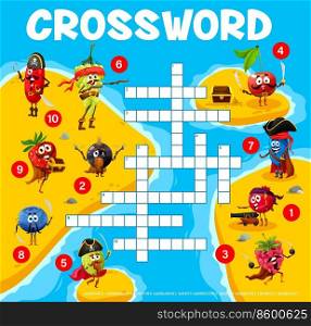 Crossword grid. Cartoon berry pirates and corsairs on island. Word quiz vector game worksheet of crossword with rosehip, grape and currant, blueberry, honeyberry and raspberry, strawberry, cherry. Crossword grid game with berry pirates on island