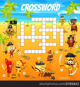 Crossword grid cartoon captain and pirates fastfood characters on treasure island quiz game. Vector worksheet with chicken drumstick, cheesecake, nachos and mustard. Donut, ketchup, pizza or burger. Crossword grid cartoon pirates fastfood characters