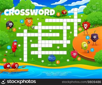 Crossword grid cartoon cheerful berry characters on summer vacation, quiz game. Vector cross word puzzle worksheet with barberry, black currant, cloudberry and cherry. Blueberry, raspberry, gooseberry. Crossword grid cartoon cheerful berry characters