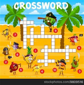 Crossword grid, cartoon funny fruit pirates and corsairs characters, vector quiz game. Pineapple in pirate tricorne, lemon and apple as corsair sailor and banana to guess word on crossword worksheet. Crossword grid game, cartoon funny fruit pirates