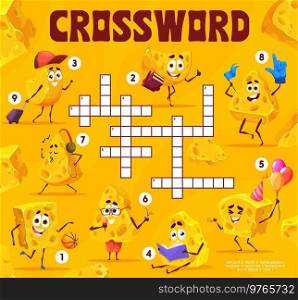 Crossword grid, cartoon maasdam and gouda cheese characters, vector word quiz game. Crossword worksheet grid to guess words of funny cheese piece with book, notebook and headphones or basketball ball. Crossword grid, cartoon maasdam and gouda cheese