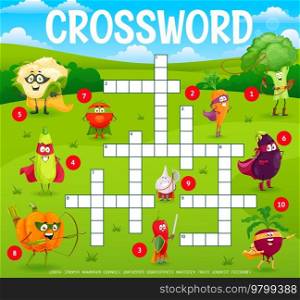 Crossword grid, cartoon vegetable superhero characters, vector quiz game for kids. Cauliflower and tomato guardians, pumpkin and carrot with eggplant superheroes to guess word on worksheet. Crossword, cartoon vegetable superhero characters
