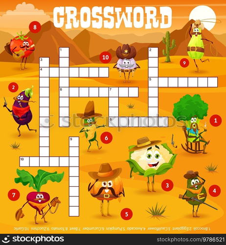 Crossword grid, cowboy sheriff, ranger and bandit vegetables on Wild West, vector quiz game. Crossword worksheet to guess word of pumpkin cowboy, avocado ranger with rifle and eggplant western robber. Crossword grid, cowboy sheriff, ranger vegetables