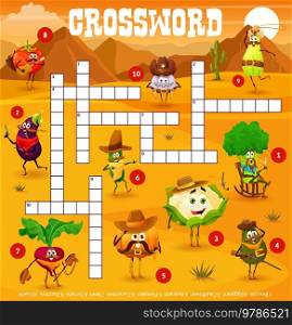 Crossword grid, cowboy sheriff, ranger and bandit vegetables on Wild West, vector quiz game. Crossword worksheet to guess word of pumpkin cowboy, avocado ranger with rifle and eggplant western robber. Crossword grid, cowboy sheriff, ranger vegetables