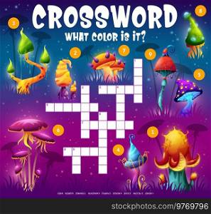 Crossword grid. Find the color of the mushroom cap. Word quiz game or kids playing activity with color names finding task, children intellectual game vector worksheet with fantasy luminous mushrooms. Crossword grid with find mushroom cap color game