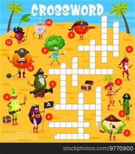 Crossword grid, find word quiz game. Cartoon pirate and corsair vegetables. Vector radish, cucumber and squash, pumpkin, carrot. Garlic and tomato, cauliflower, chili and broccoli, avocado, eggplant. Crossword grid, find a word quiz. Cartoon pirates