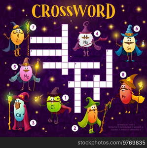 Crossword grid quiz game, cartoon micronutrients wizard and mage characters, vector word riddle worksheet. Kids crossword game with natrium, selenium and zinc magician and sorcerer with magic staff. Crossword grid quiz game, micronutrient wizards