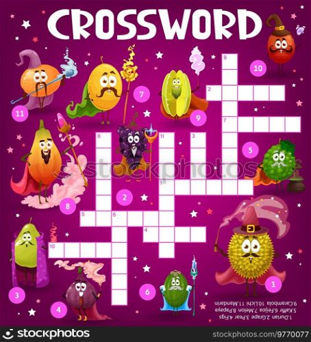 Crossword grid worksheet, find a word quiz game. Cartoon fruit wizard, magician and sorcerer personage. Vector orange, melon, carambola, lychee and bergamot, feijoa, plum, pear, papaya and grape. Crossword grid worksheet, find a word quiz game