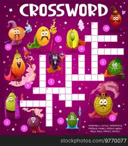 Crossword grid worksheet, find a word quiz game. Cartoon fruit wizard, magician and sorcerer personage. Vector orange, melon, carambola, lychee and bergamot, feijoa, plum, pear, papaya and grape. Crossword grid worksheet, find a word quiz game