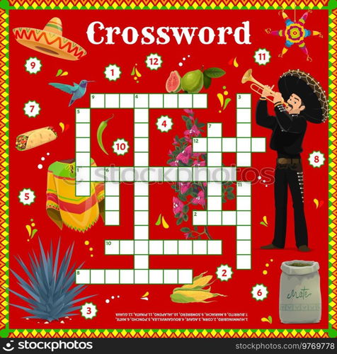 Crossword grid worksheet, vector mexican mariachi, food, pinata, clothes and plants. Find a word quiz game and kids puzzle with cartoon mexican sombrero, chili pepper, agave cactus and mate tea. Crossword grid worksheet, Mexican game puzzle