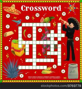 Crossword grid worksheet, vector mexican mariachi, food, pinata, clothes and plants. Find a word quiz game and kids puzzle with cartoon mexican sombrero, chili pepper, agave cactus and mate tea. Crossword grid worksheet, Mexican game puzzle