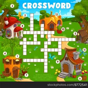 Crossword grid worksheet with cartoon gnome and elf houses. Find a word vector quiz game, kids education puzzle or riddle with fairy buildings, cute carrot, mushroom, tree trunk homes. Crossword grid worksheet, gnome and elf houses