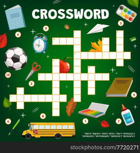 Crossword puzzle game, cartoon school education stationery, bus and ball, vector. Find word quiz or kids riddle, cross words tabletop game or worksheet with school book, apple and maple leaf. Crossword puzzle game, school education stationery