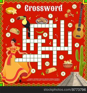Crossword puzzle game with Mexican food, woman and objects, vector quiz worksheet. Kids education crossword riddle with Mexican burrito and tacos, guitar and maracas, Aztec pyramid and cactus. Crossword puzzle game, Mexican food and objects