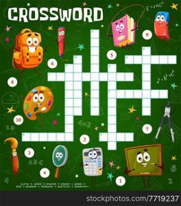 Crossword puzzle game worksheet with cartoon school education characters. Find word quiz or riddle, educational puzzle game for kids with funny school book, palette and schoolbag, compass, eraser. Crossword puzzle game with school characters