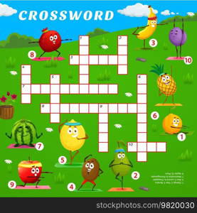 Crossword quiz game. Cartoon fruit characters on yoga fitness. Crossword word search vector puzzle or quiz with orange, pear, banana and kiwi, lemon, pineapple cute personages doing fitness exercises. Crossword quiz game with cartoon fruit on yoga