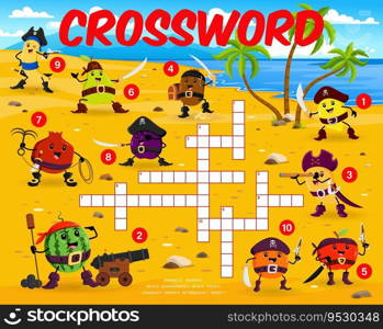 Crossword quiz game. Cartoon fruit pirates and corsairs characters on treasure island word grid puzzle. Kids game vector worksheet with funny mango, orange, apple, watermelon and lemon fruit pirates. Crossword quiz game. Cartoon fruit pirates puzzle