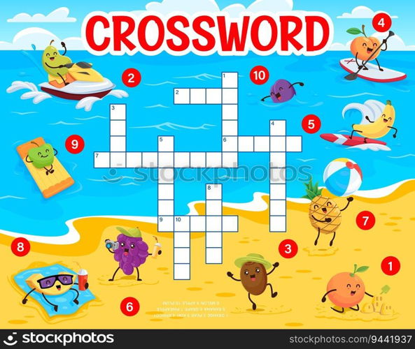 Crossword quiz game. Cartoon funny fruits on summer beach. Crossword wordsearch puzzle vector worksheet with guava, peach, plum, banana and apple funny characters sunbathing, surfing and swimming. Crossword quiz game with funny fruits on beach