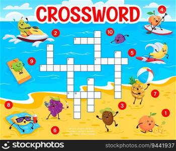 Crossword quiz game. Cartoon funny fruits on summer beach. Crossword wordsearch puzzle vector worksheet with guava, peach, plum, banana and apple funny characters sunbathing, surfing and swimming. Crossword quiz game with funny fruits on beach