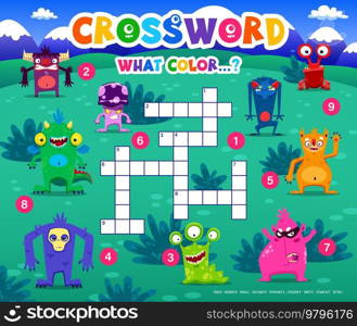 Crossword quiz game, cartoon monster characters. Vector worksheet, kids test grid, cross word brainteaser for children with funny aliens mutants and empty letter boxes. Educational baby puzzle task. Crossword quiz game, cartoon monster characters