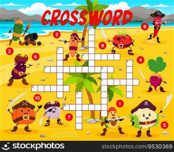Crossword quiz game. Cartoon vegetable pirates and corsairs characters puzzle grid vector worksheet. Pirate treasure island crossword game with cute tomato, carrot, pepper, avocado, garlic personages. Crossword quiz game, vegetable pirates characters