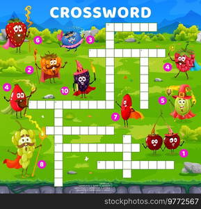 Crossword quiz game grid. Cartoon berry mage and wizard characters. Child crossword puzzle, wordsearch quiz vector worksheet with strawberry, raspberry and blueberry, rosehip, grape and gooseberry. Crossword quiz grid with cartoon berry wizards