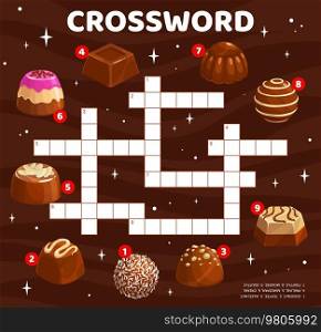 Crossword quiz game grid cartoon chocolate candies. Child vocabulary puzzle, kids crossword grid quiz or riddle vector worksheet with chocolate dessert, sweet candies, praline and truffle. Crossword quiz game grid with chocolate candies