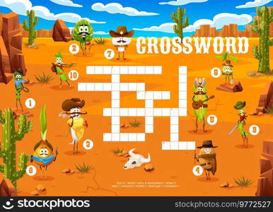 Crossword quiz game grid. Cartoon cowboy, sheriff, ranger and bandit vegetable characters. Kids vocabulary riddle, word search game vector worksheet with onion, radish and potato, pea, olive, mushroom. Crossword quiz with cartoon cowboy vegetables